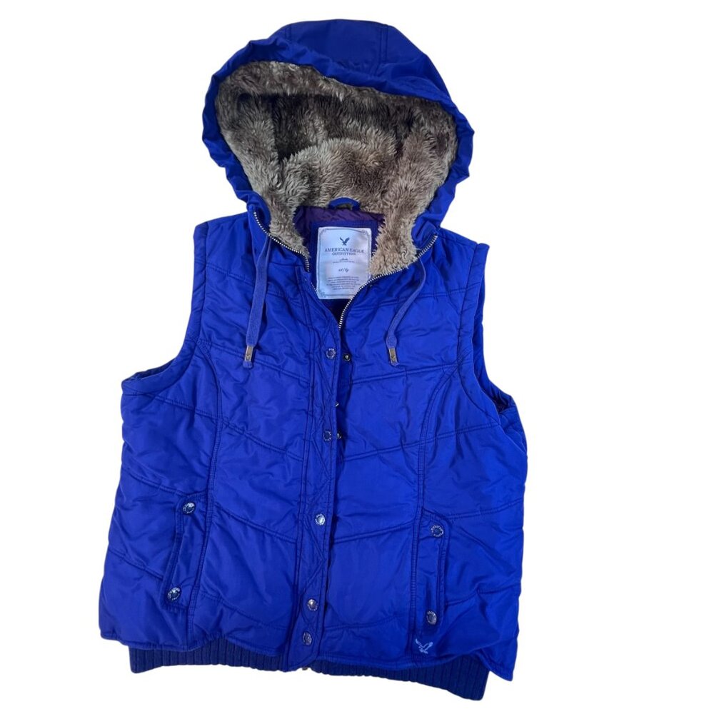 American Eagle Blue Hooded Puffer Vest Quilted Lightweight Layer Women’s XL